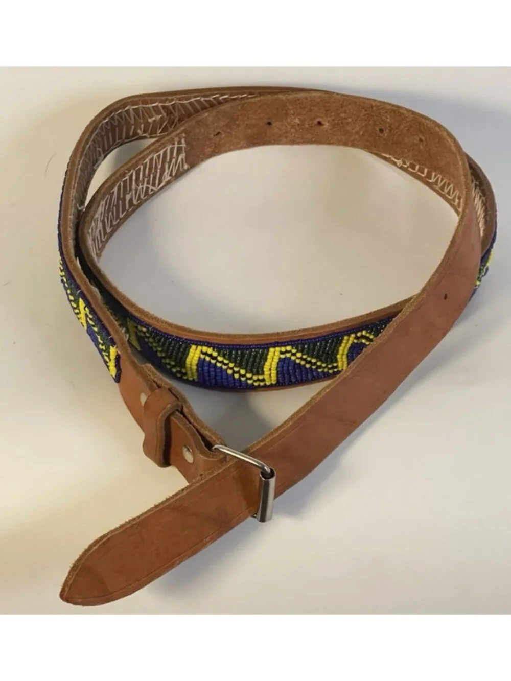 Maasai Inspired Beaded Leather Belt Blue Green Yellow Handmade 36